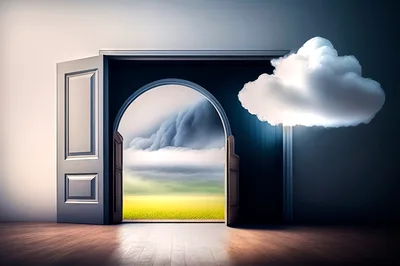 Surreal Open Doorway Revealing A Dreamy Landscape