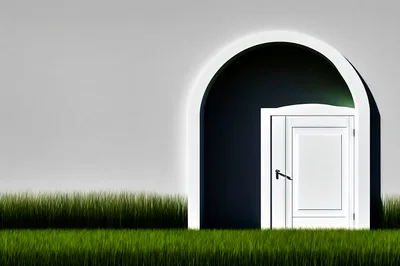 White Door Set Within An Arched Wall On Grass