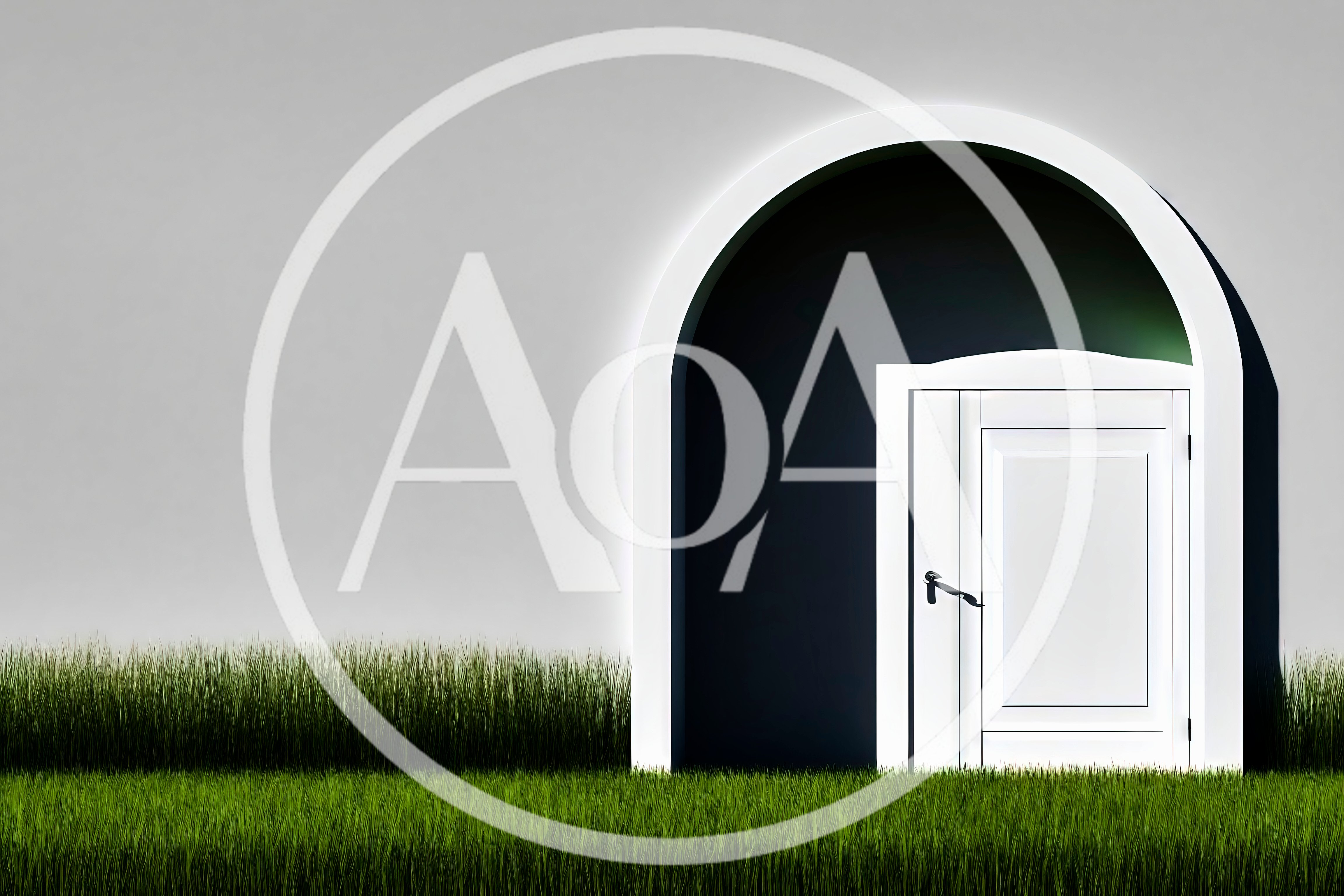 White Door Set Within An Arched Wall On Grass