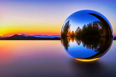 Reflective Glass Sphere On A Calm Sunset Horizon