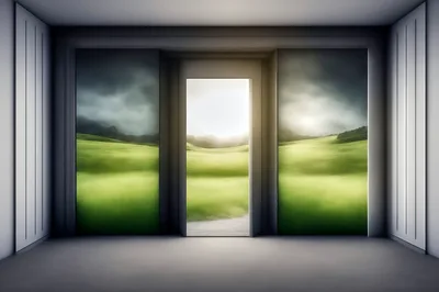 Minimalist Room With Open Door To Green Landscape
