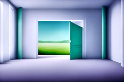 Open Door Leading To A Sunny Green Meadow