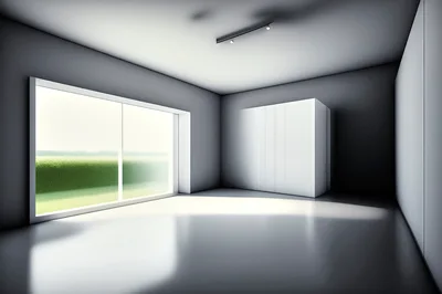 Minimalist Modern Room With Large Window And Cabinet