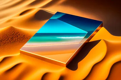 Surreal Rectangular Mirror Reflecting Tropical Beach In Desert