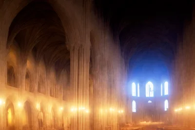 Interior View Of A Gothic Cathedral With Glowing Light