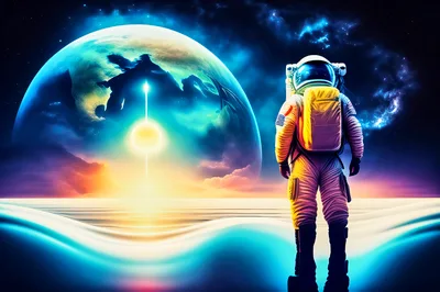 Astronaut Standing On Alien Planet Surface Looking At Planet