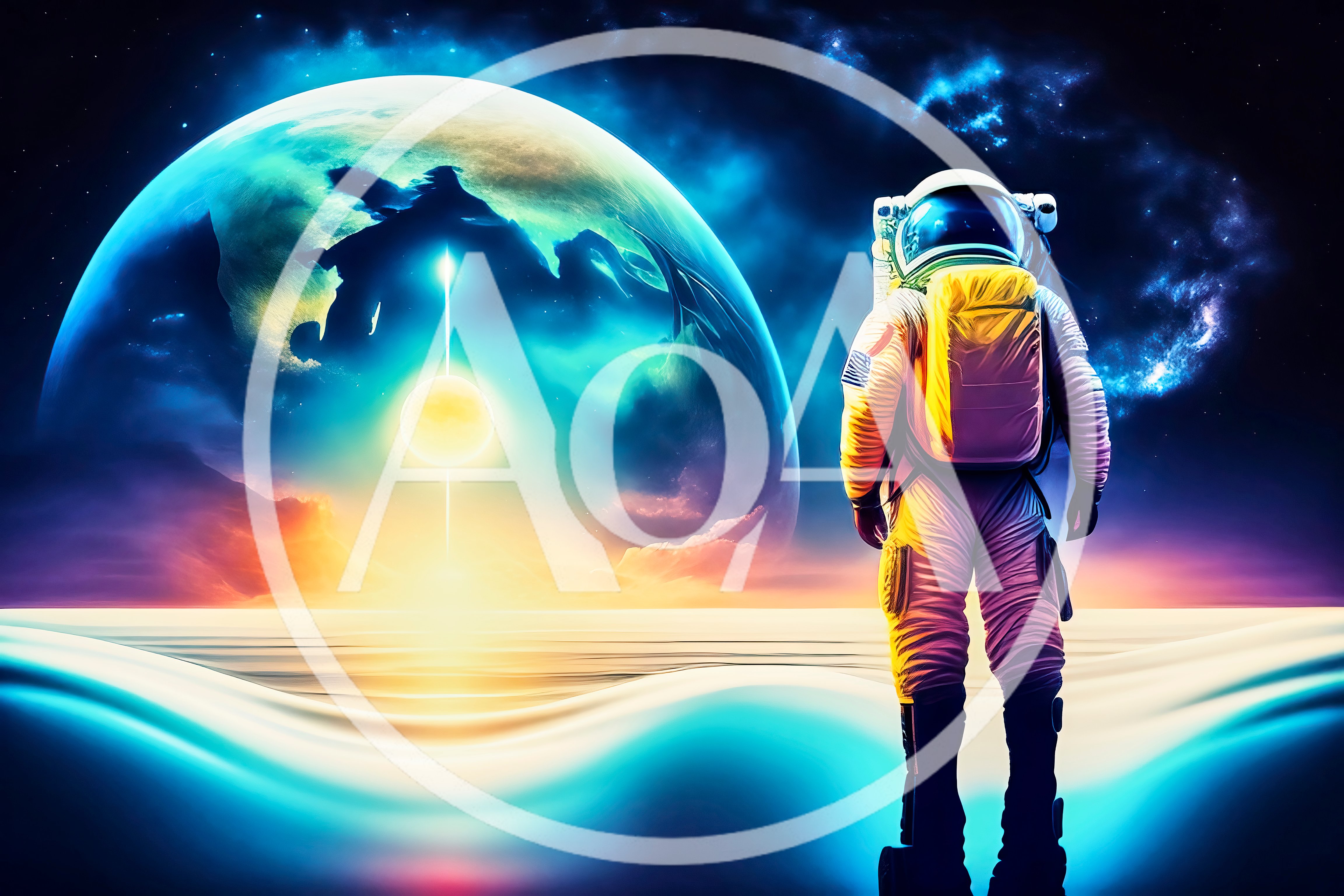 Astronaut Standing On Alien Planet Surface Looking At Planet
