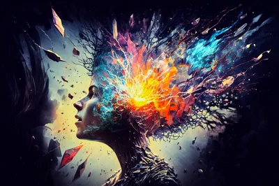 Surreal Human Profile With Exploding Abstract Energy