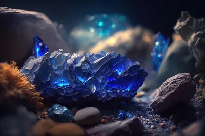 Glowing Blue Crystal Cluster on Rocky Ground