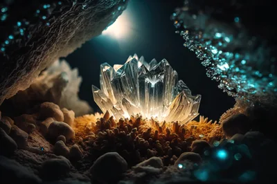 Glowing Crystalline Formation Inside A Dark Cavern