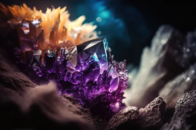 Macro View Of Glowing Amethyst Crystal Cluster