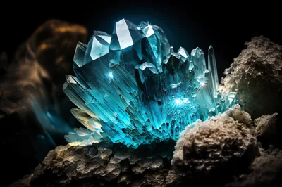Glowing Blue Crystal Cluster In Dark Cave