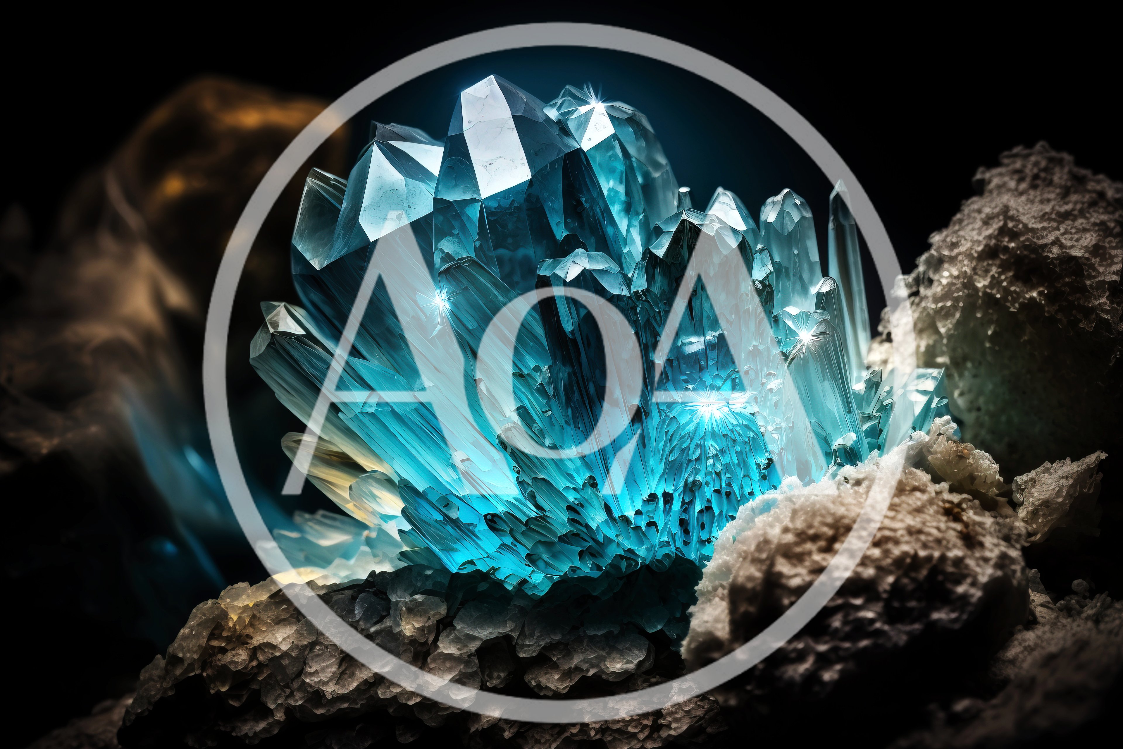 Glowing Blue Crystal Cluster In Dark Cave
