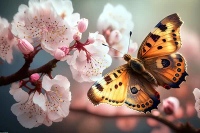 Orange Butterfly Perched On Blooming Cherry Blossom Branch