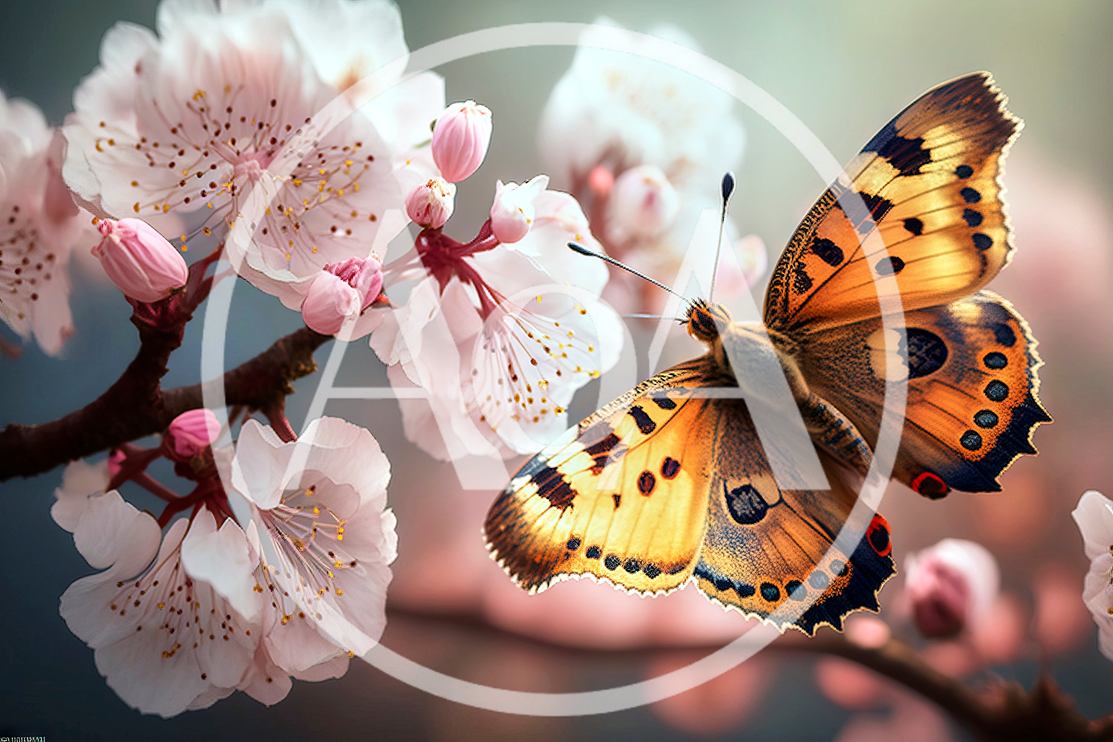 Orange Butterfly Perched On Blooming Cherry Blossom Branch