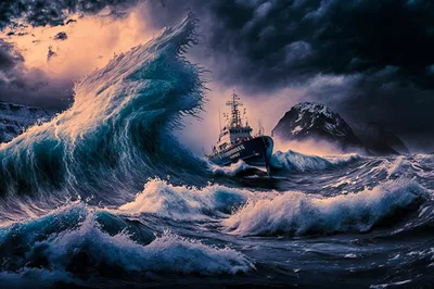 Ship Navigating Through A Massive Stormy Ocean Wave