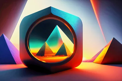 Surreal Abstract Cube With Pyramid Desert Landscape View