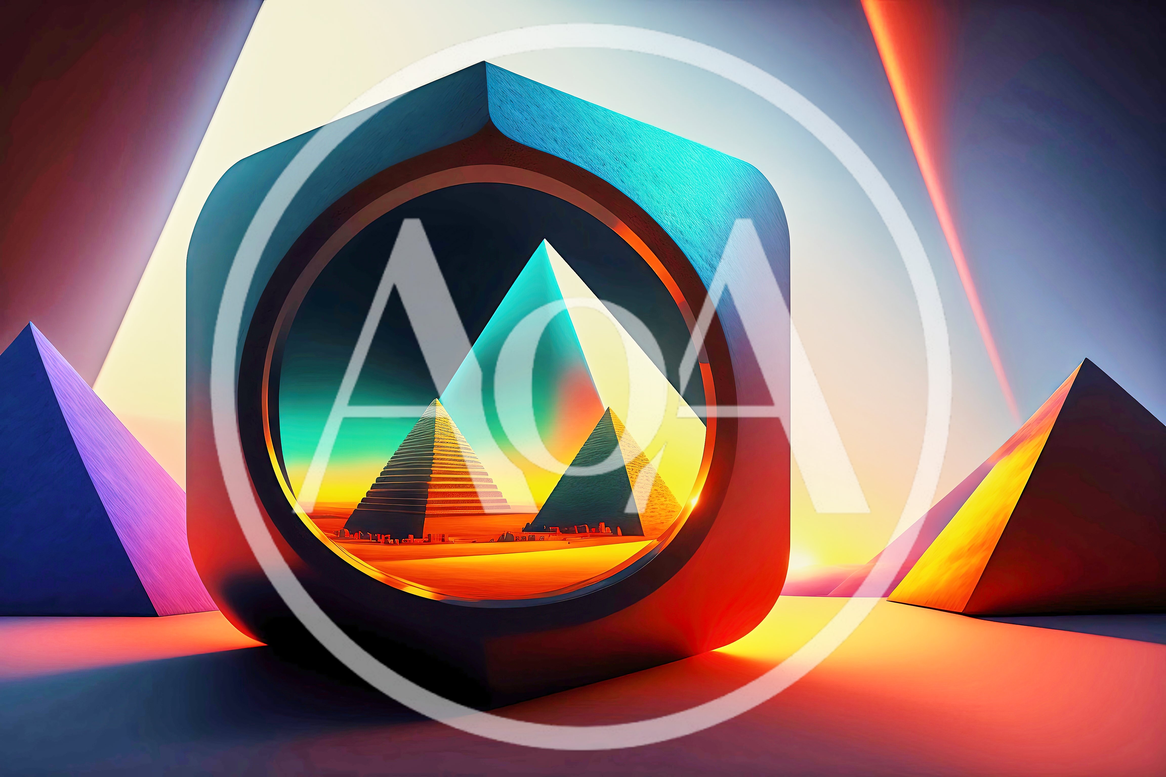 Surreal Abstract Cube With Pyramid Desert Landscape View
