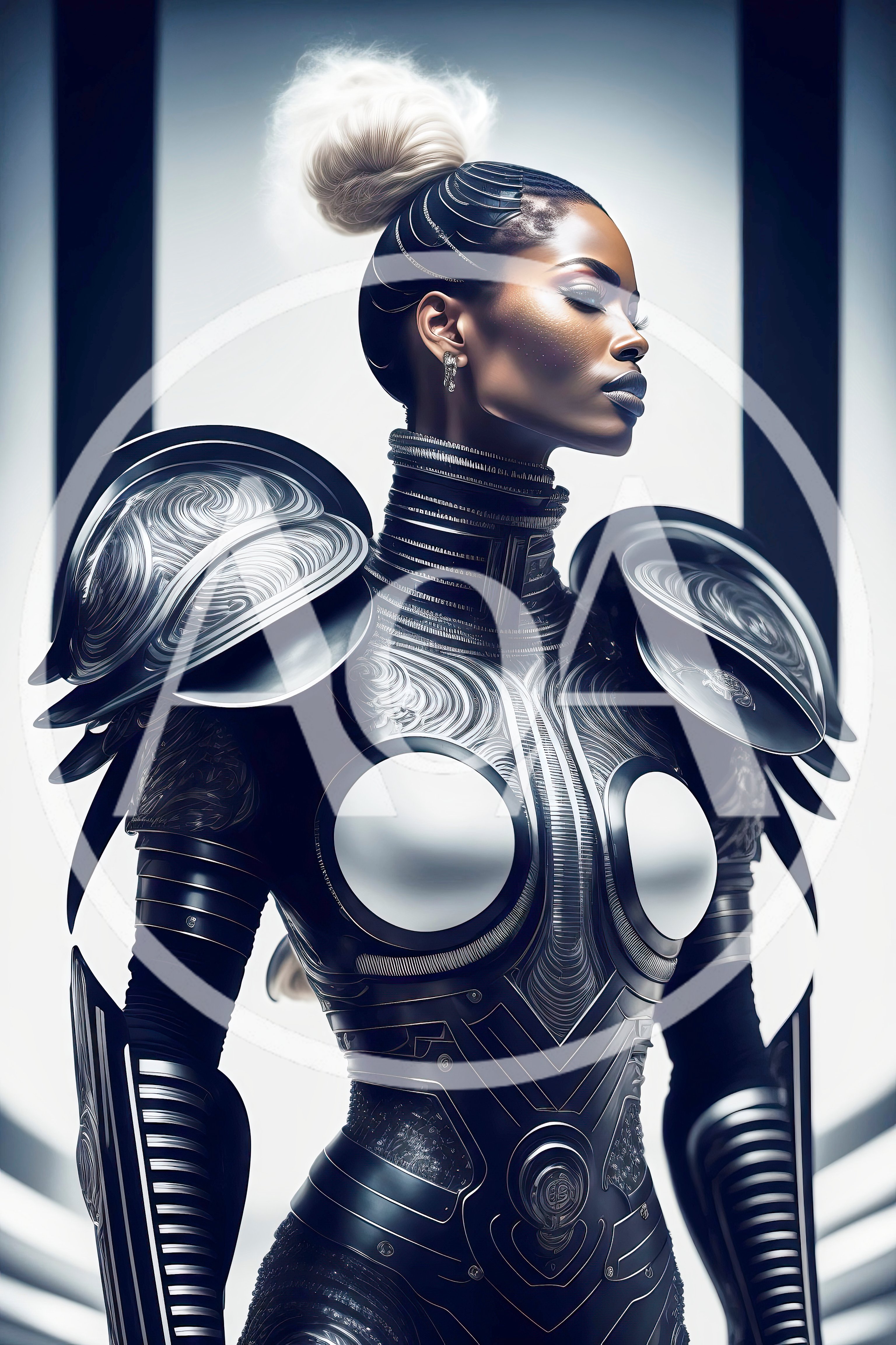 Futuristic Black And Silver Armored Female Warrior