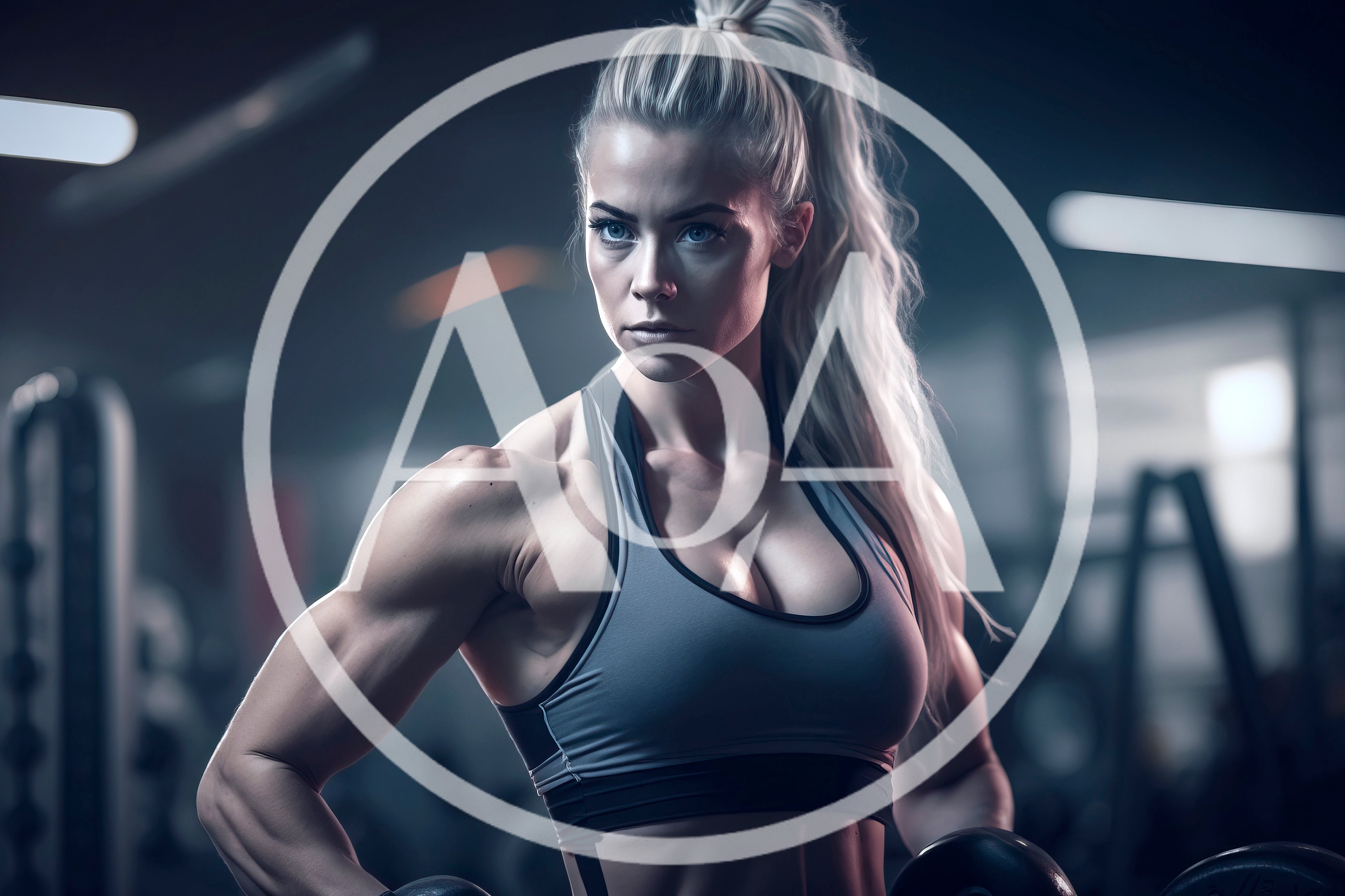Muscular Blonde Woman Exercising With Dumbbells In Gym