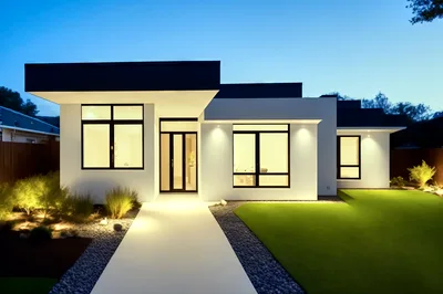 Modern Single Story House Exterior At Twilight