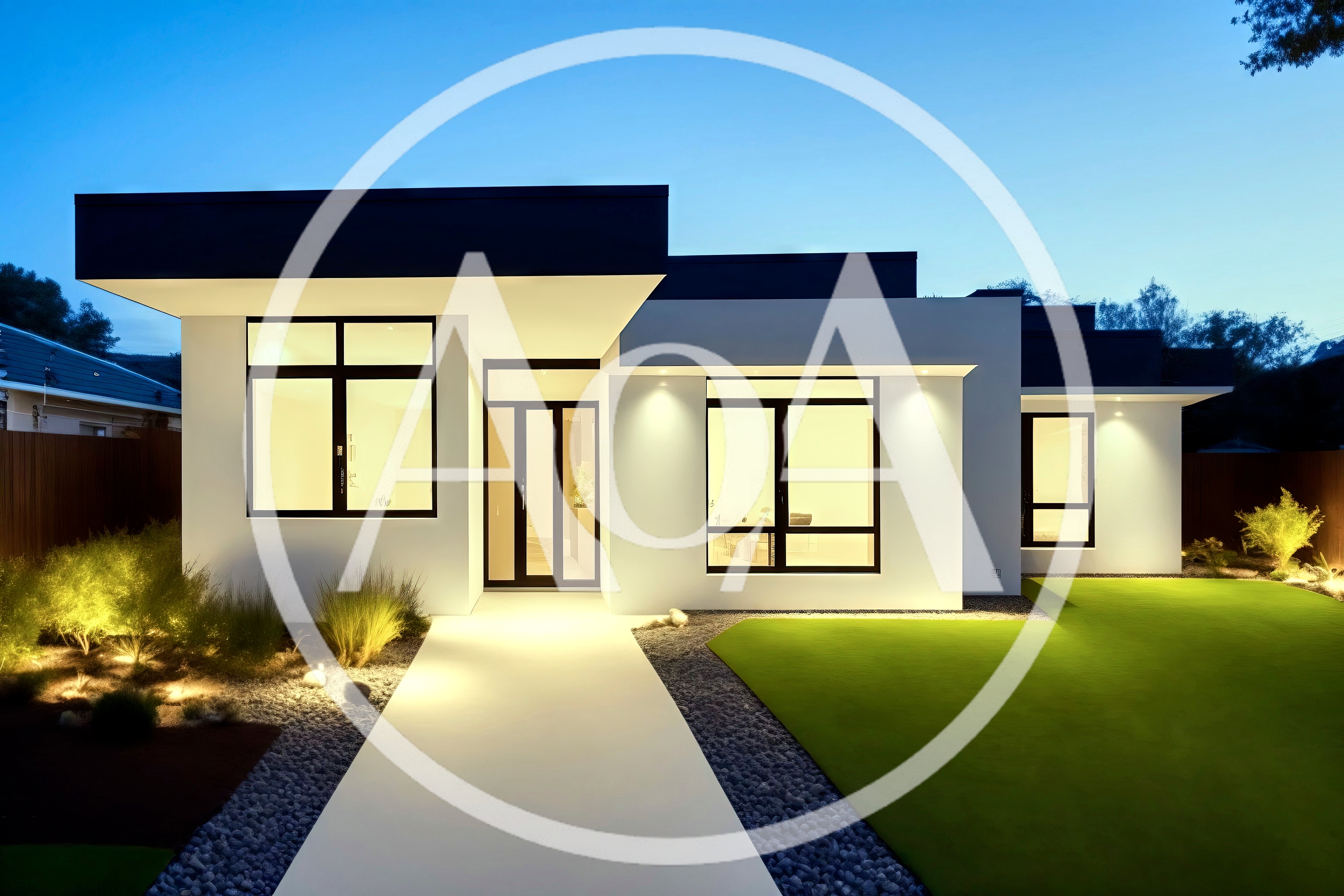 Modern Single Story House Exterior At Twilight