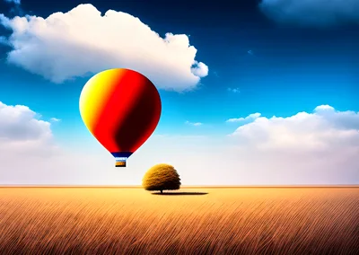 Hot Air Balloon Floating Over A Golden Desert Landscape