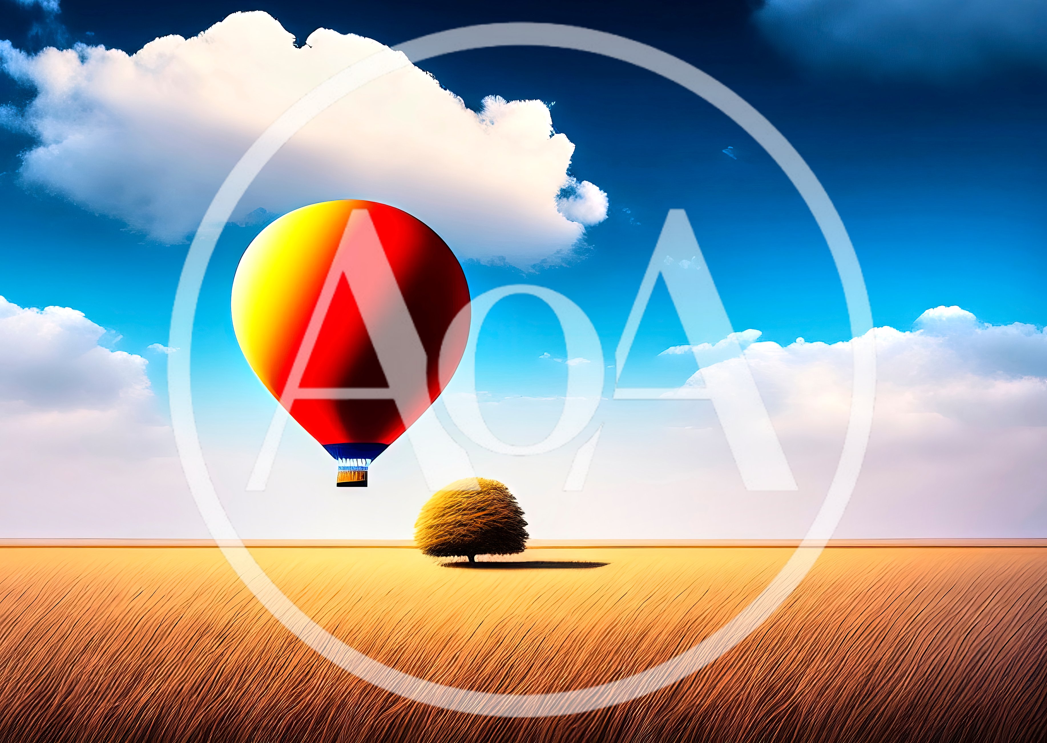 Hot Air Balloon Floating Over A Golden Desert Landscape