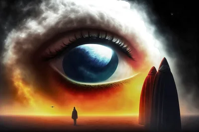 Surreal Giant Eye In The Sky With Cloaked Figures