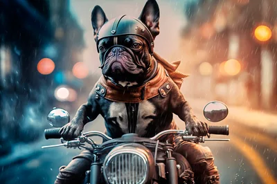 French Bulldog Riding A Motorcycle In The Rain