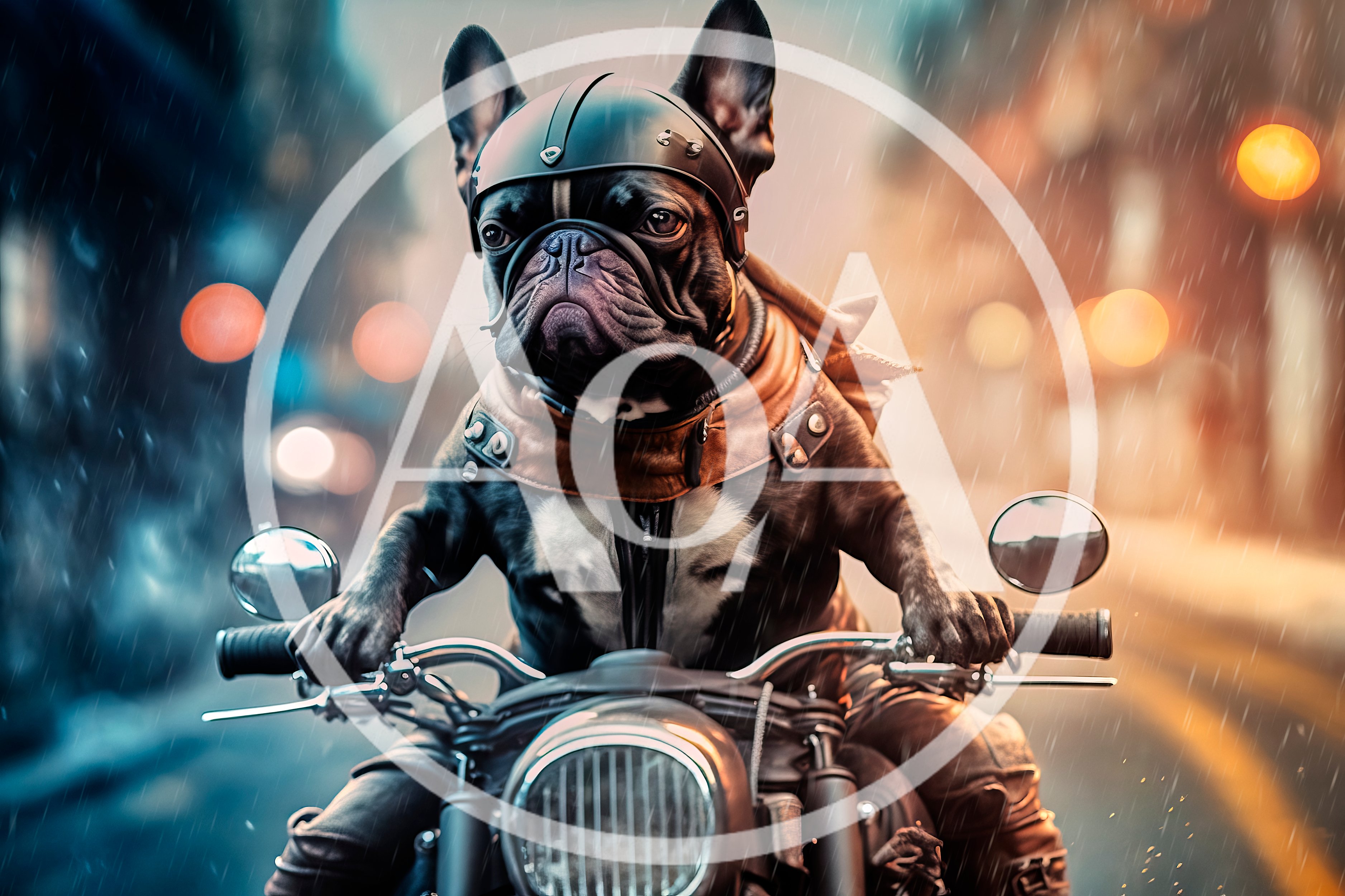 French Bulldog Riding A Motorcycle In The Rain