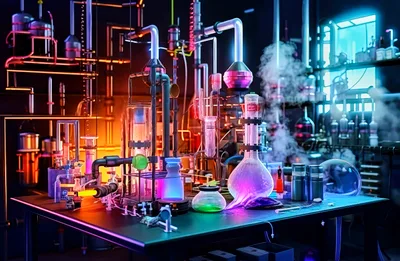 Futuristic Laboratory Equipment With Glowing Chemical Reactions