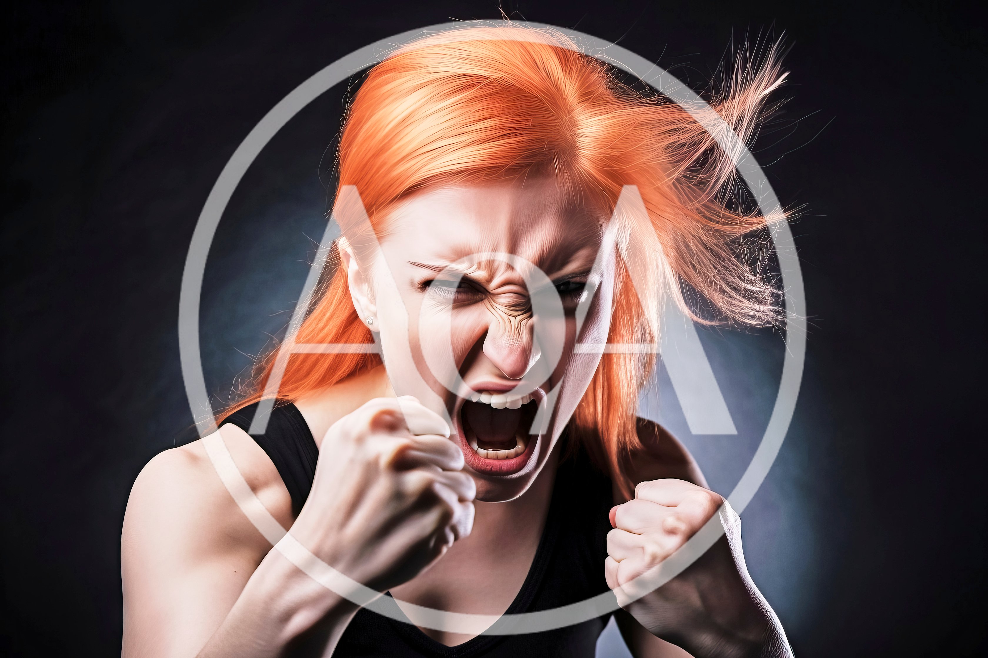 Angry Woman With Red Hair Screaming And Clenching Fists