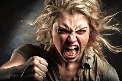 Angry Blonde Woman Punching Towards Camera