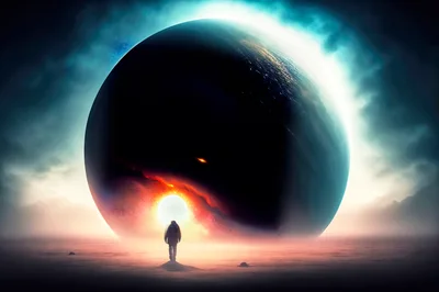 Lone Traveler Facing A Massive Dark Celestial Sphere
