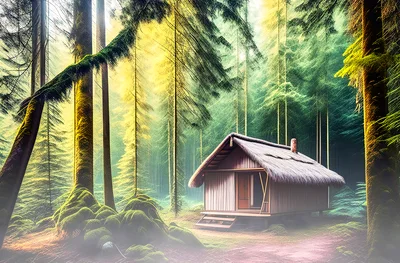 Small Wooden Cabin In A Misty Forest