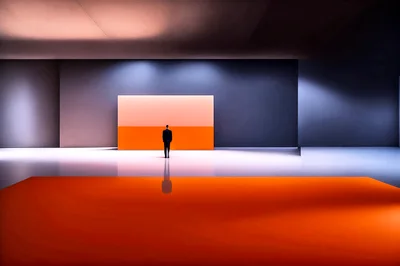 Businessman Standing Before A Large Minimalist Orange Panel