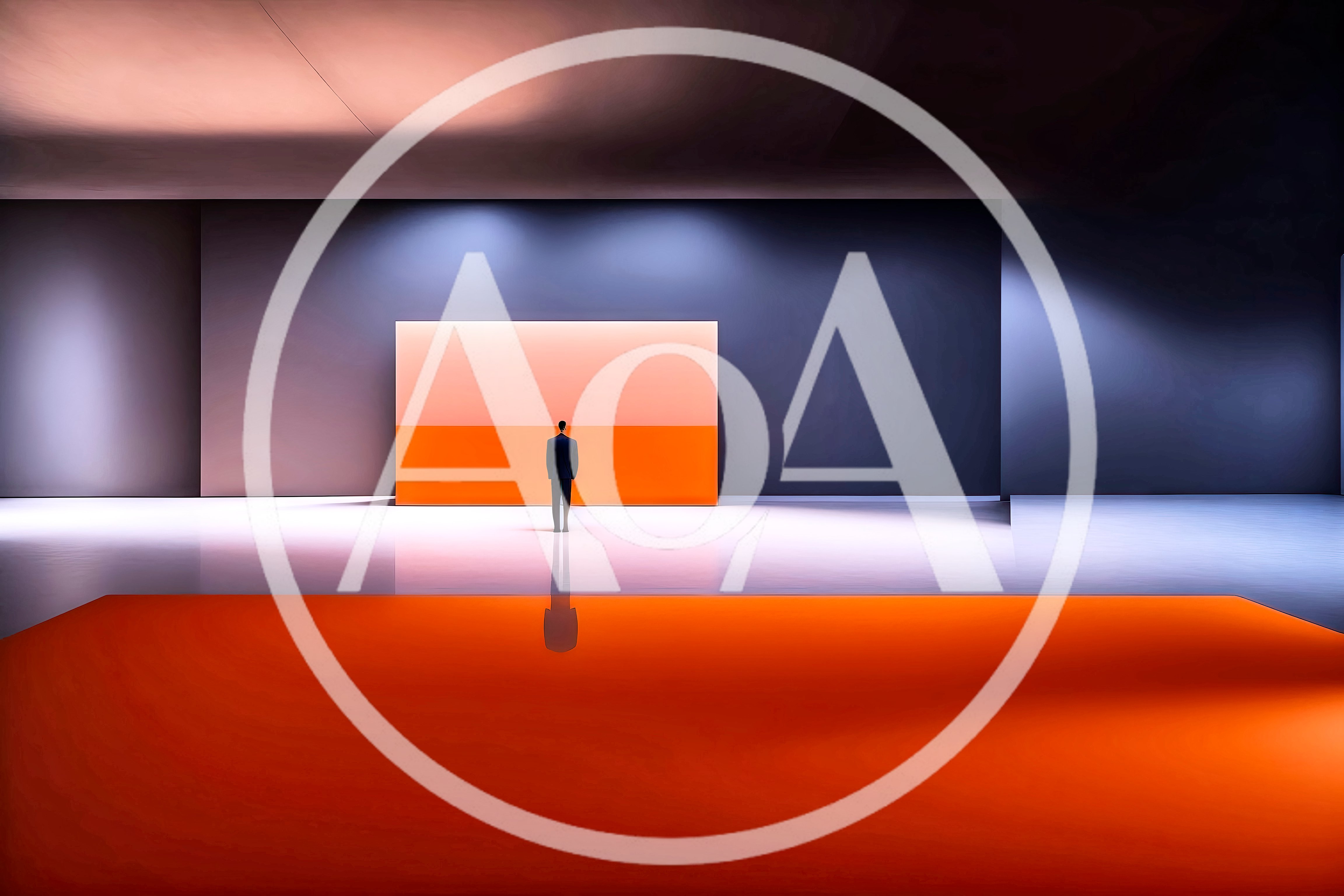 Businessman Standing Before A Large Minimalist Orange Panel