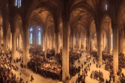 Crowded Interior Of A Gothic Cathedral