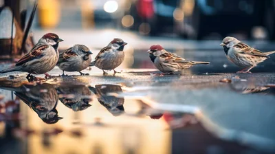 Five Sparrows Standing Near A Puddle On A Street