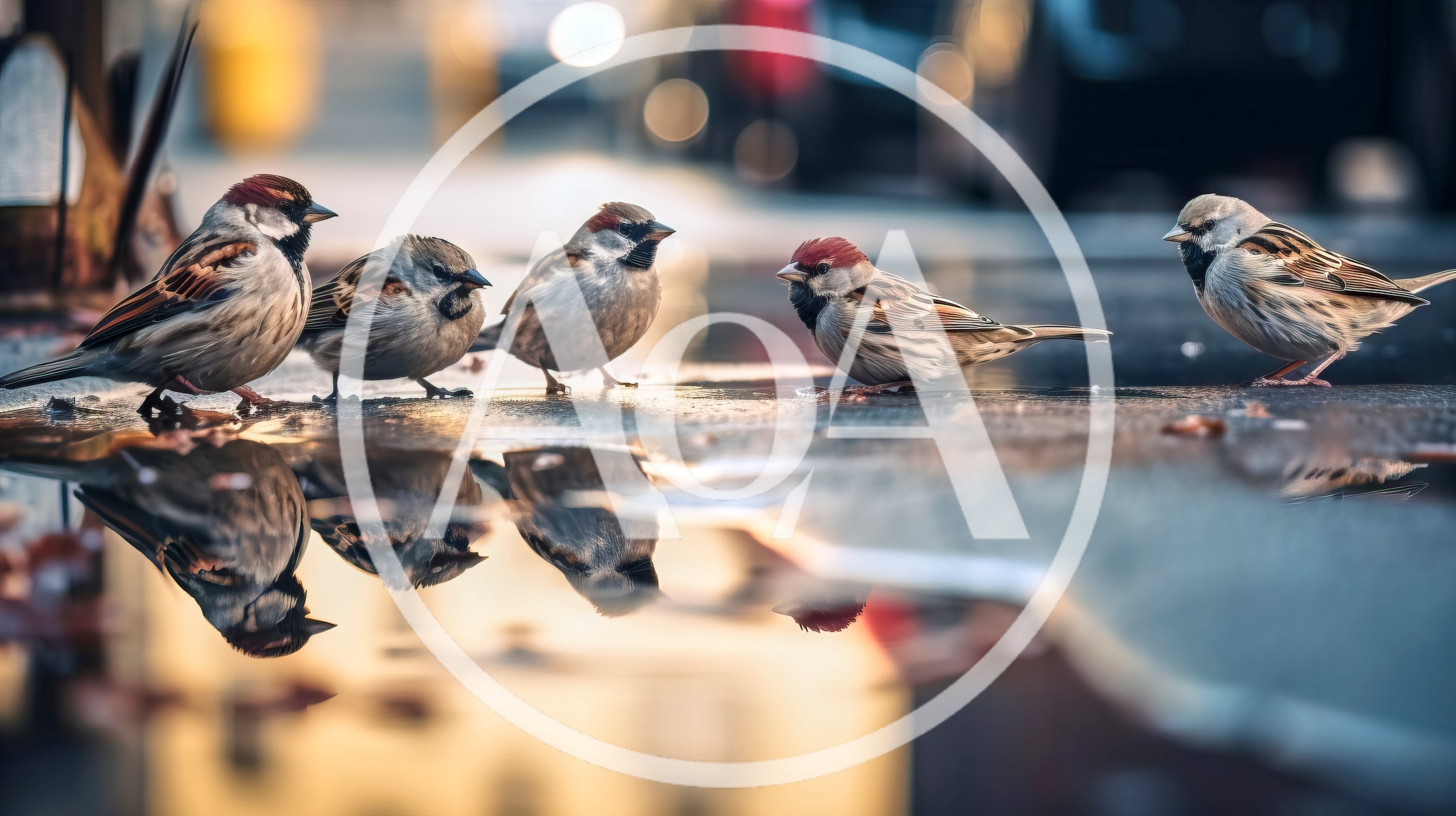 Five Sparrows Standing Near A Puddle On A Street