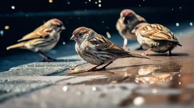 Group of Sparrows Bathing in a Shallow Puddle