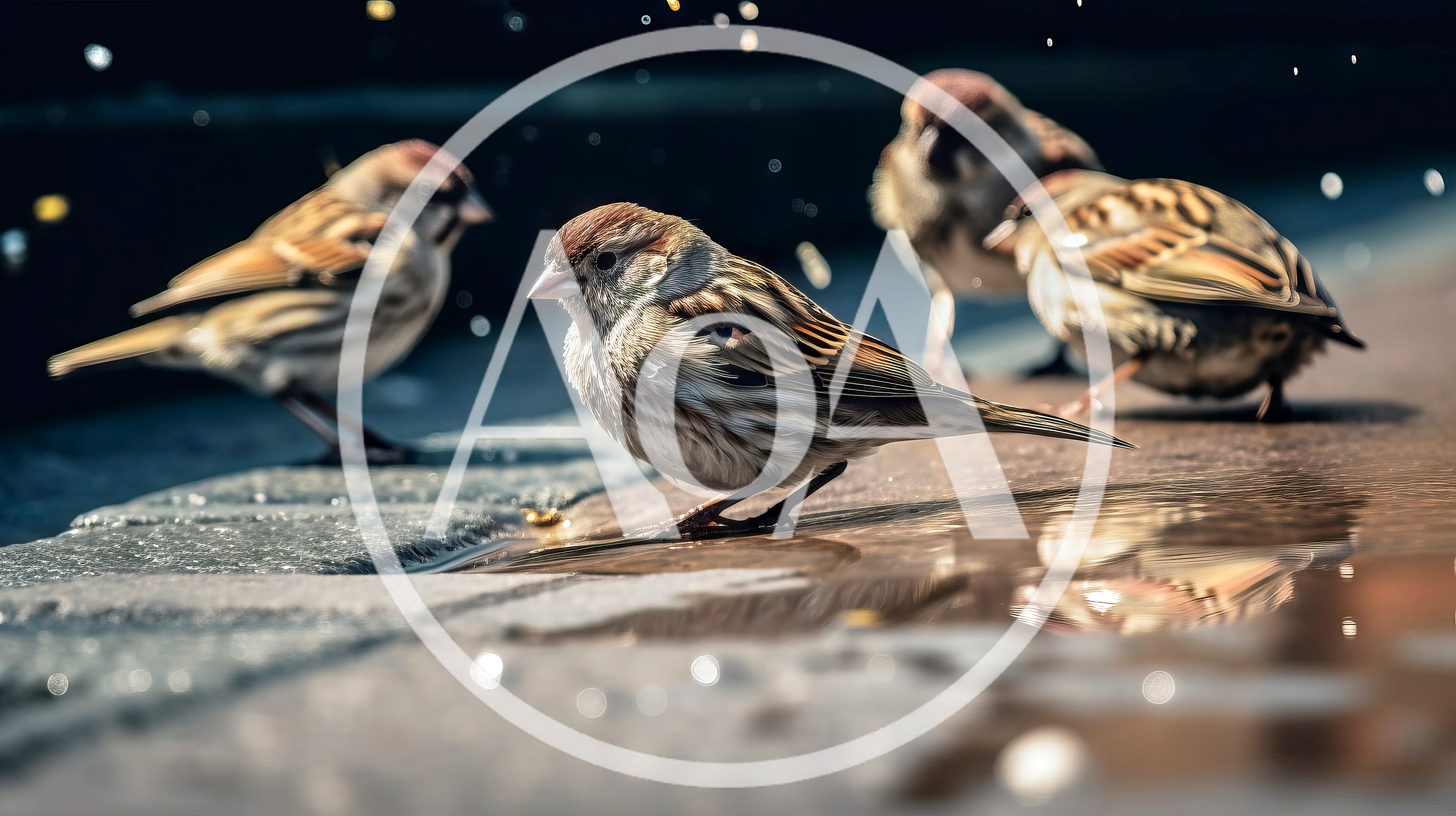 Group of Sparrows Bathing in a Shallow Puddle