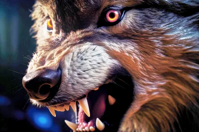 Close Up Portrait Of An Aggressive Snarling Wolf