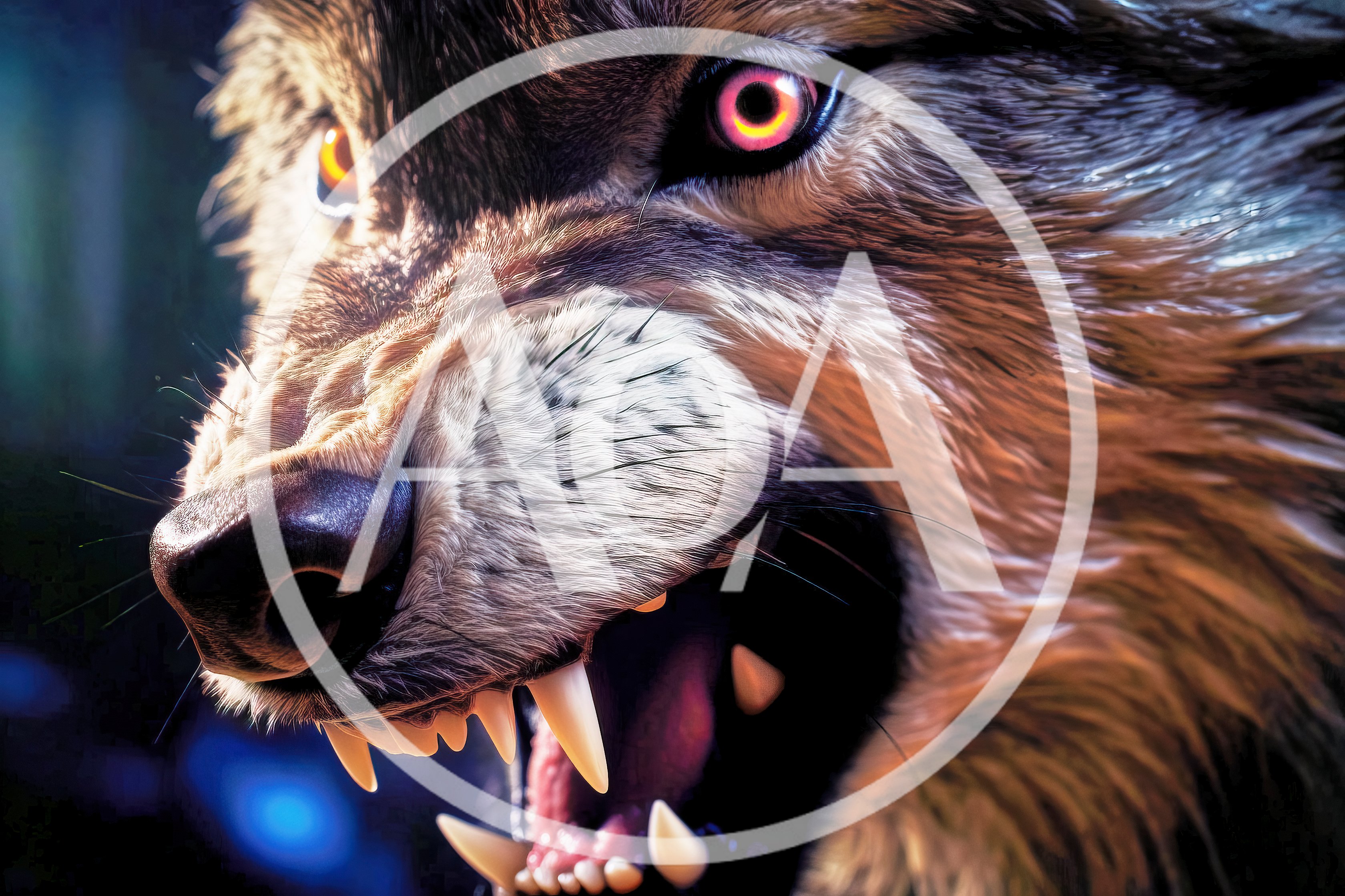 Close Up Portrait Of An Aggressive Snarling Wolf