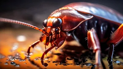 Macro Close Up Of A Cockroach On Wet Surface