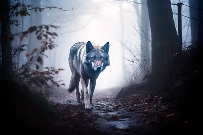 Gray Wolf Walking Through A Misty Forest Path