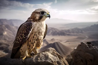 Majestic Falcon Perched On A Rocky Desert Mountain Peak