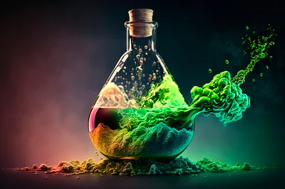 Magical Green Potion Exploding From Glass Flask