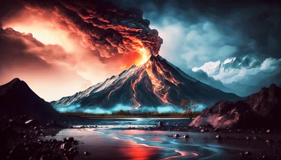 Volcanic Eruption With Lava Flowing Down Mountain